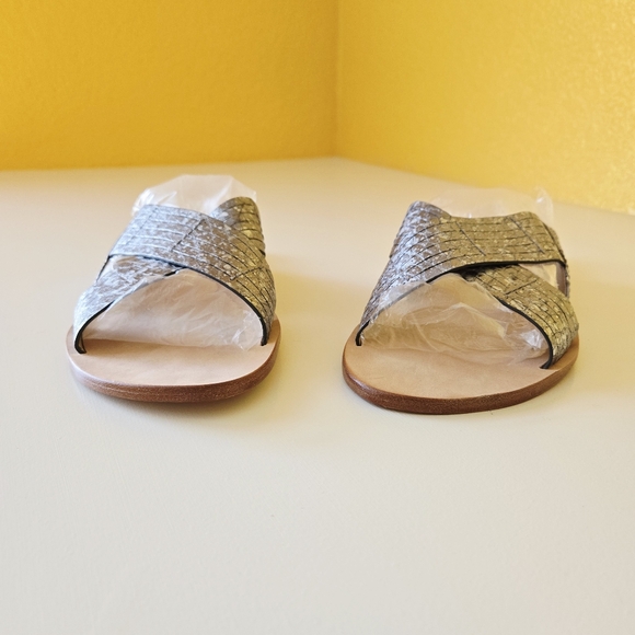 TRASK Huaraches Crossover Slide Metallic Silver Strappy Slip On Sandals Sz 9.5M